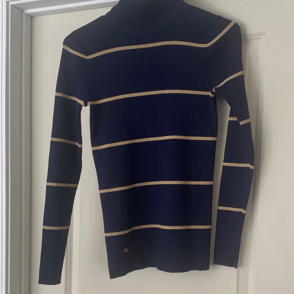 Lauren Ralph Lauren  Navy and Gold Striped Turtleneck Sweater Size Medium